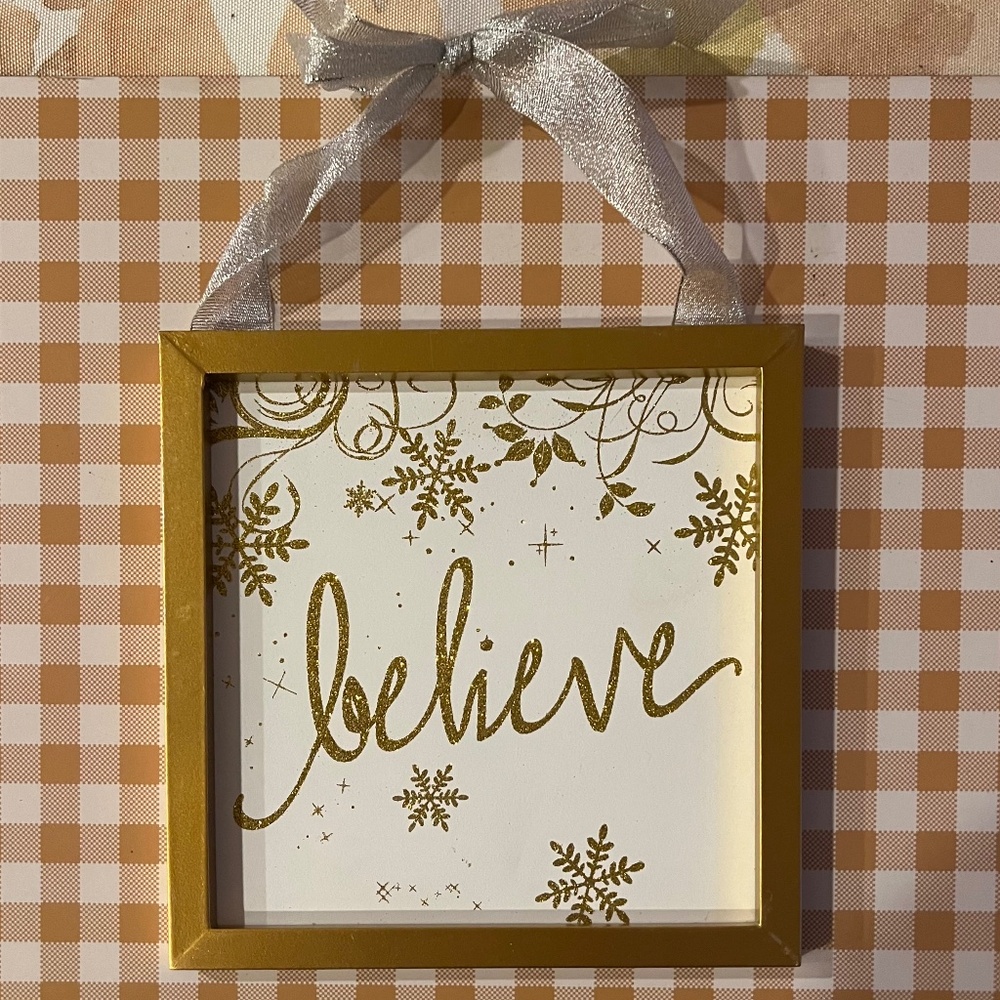 Christmas Wall Hanging BELIEVE 8"x8" Gold Frame NWT Silver Ribbon w Box Hanger